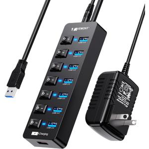 Powered USB Hub 3.0,VEMONT 7 Ports Multi USB hubs and 1 USB Smart Charging Port with 5V/3A Power Supply,USB Extension Splitter with Individual On/Off Switches and 4ft/1.2m Long Cable for PC/Laptop (Black)