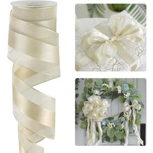 HUIHUANG Champagne Sheer Wired Ribbon with Satin Stripe 2.5 inch Champagne Christmas Tree Ribbon for Bows Making, Wreaths, Garland, Gift Wrapping, Bridal Shower Wedding Decor-Continuous 10 Yards