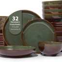 Pokini 32 Piece Double Bowl Dinnerware Sets with Pasta Bowls, Highly Chip and Crack Resistant Plates and Bowls Sets, Natural Earthyware Ceramic Dishware Sets, Service for 8 Brown Green