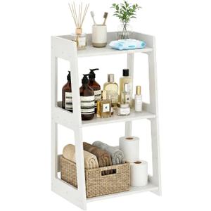 3-Tier Bathroom Ladder Shelf Freestanding, White Floor Shelves Open Shelving Unit, Small Bookshelf Nightstand for Home Study Laundry Room (11.8" D x 15.7" W x 27.6" H)