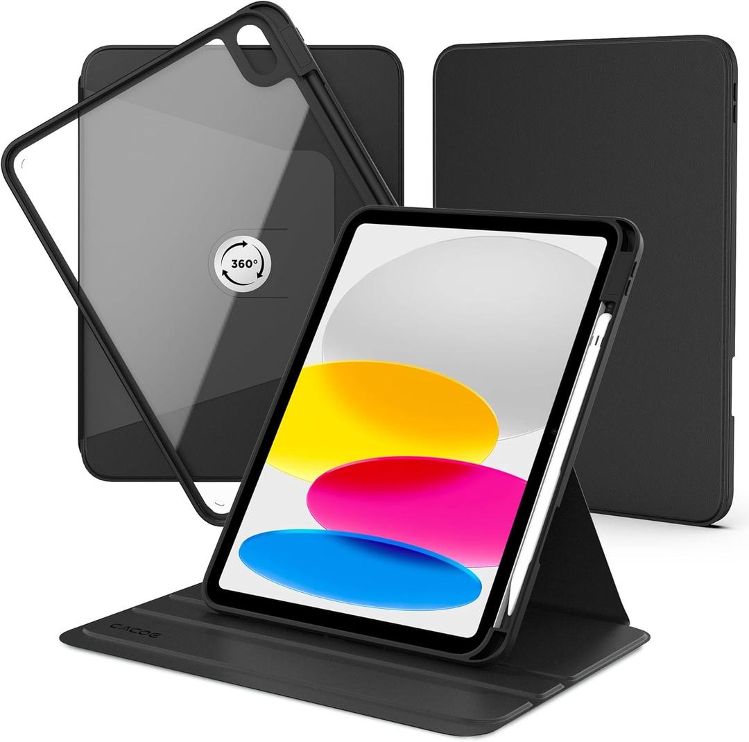 CACOE 360 Rotating Case for iPad (A16) 11th/10th Generation with Pencil Holder 2025/2022 11/10.9 inch, Shockproof Cover for iPad 11/10 Gen with Stand, Black