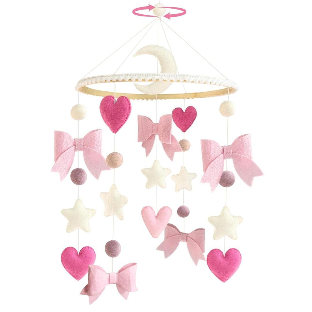 Baby Mobile for Crib Pink Bow Baby Crib Mobile for Girls Handmade Coquette Bow Nursery Decor for Infant Bedroom Hanging Pink Girls Room Decor for Bassinet Gender Reveal Newborn Gifts