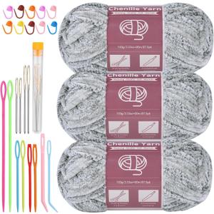 Chenille Yarn for Crocheting Knitting, 3 Skein 10.58 oz / 263 Yard Thick Soft Chunky Fluffy Weaving Plush Yarn for Blankets Clothes Pattern with Big Eye Needles (Gray Ink Gradient) (Gradient Color)