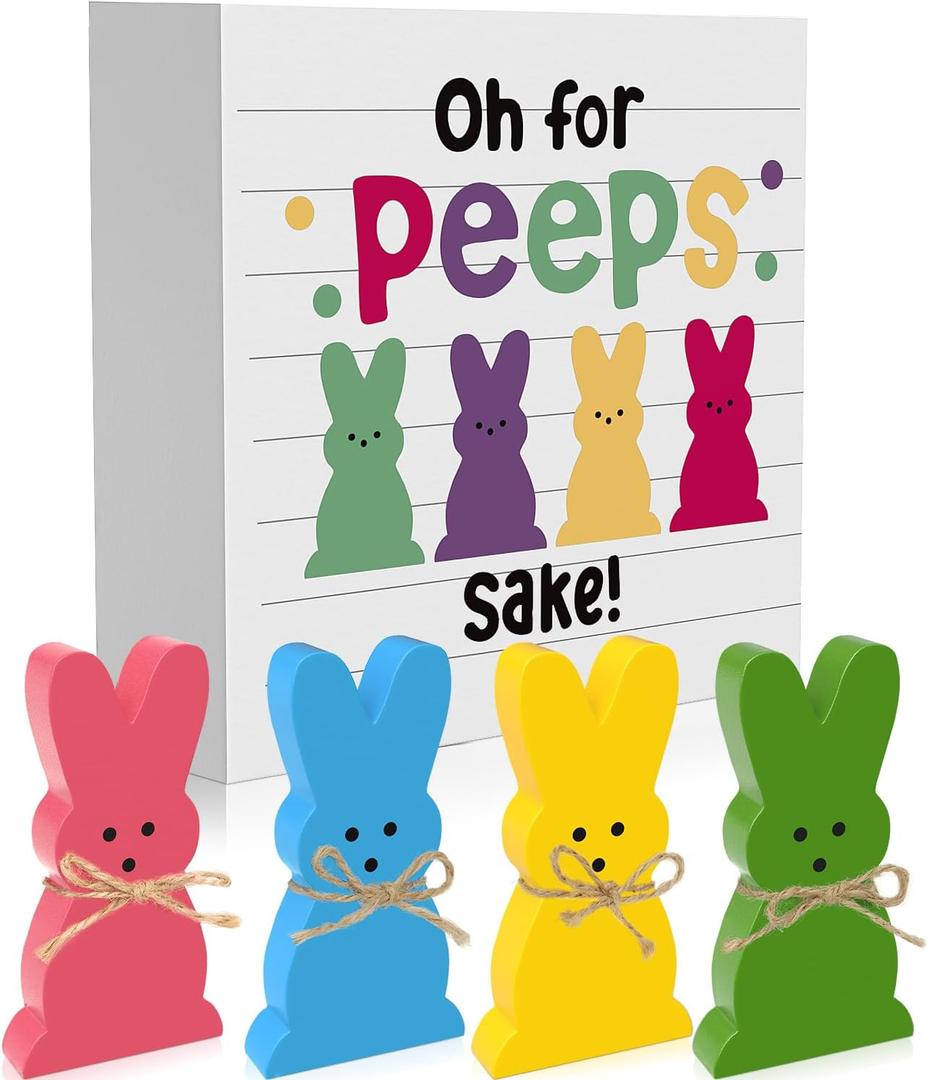 3 x WOHOHOHO 5Pcs Easter Bunny Wooden Dcor, 4 Pcs Bunny with Funny Easter Bunny Wooden Box Sign, Oh for Peeps Gift Wood Rabbit Tiered Table Decor for Farmhouse Kitchen Bathroom Office Party Supplies