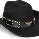 Vintage Western Cowboy Hat for Men Women - Wide Brim Cowgirl Fedora Hats with Braided Rope Band M (M)