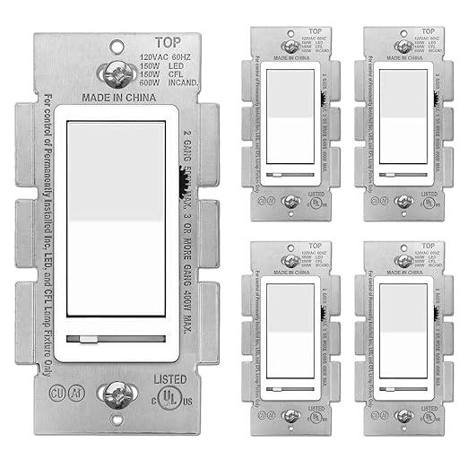 BESTTEN 5 Pack Dimmer Light Switch, Single-Pole or 3-Way Dimmer Switches, 120V, Compatible with Dimmable LED, CFL, Incandescent and Halogen Bulbs, Decorator Wallplate Included, UL Listed, White