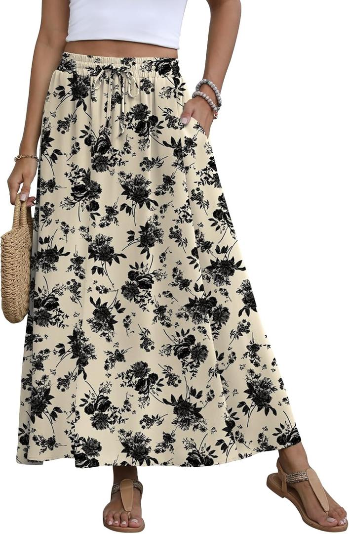 Women's Maxi Skirt Summer 2025 Pleated Flowy Elastic High Waisted Skirts with Pockets (Medium, Black Floral Light Beige)