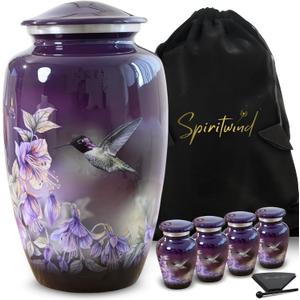 Set of 5 Beautiful Anna's Hummingbird Urns for Human Ashes Adult Female - 1 Large Purple Urn for Ashes for Women with 4 Keepsake Hummingbird Urns - Beautifully Packaged with 4 Funnels & 5 Velvet Bags