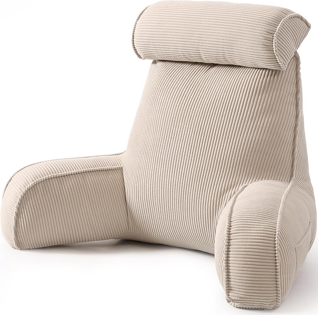 Reading Pillow for Sitting Up in Bed, Corduroy Backrest Pillow with Arms, Side Pocket & Washable Cover, Bed Rest Pillow Back Support for Adults, Beige Gray, Large