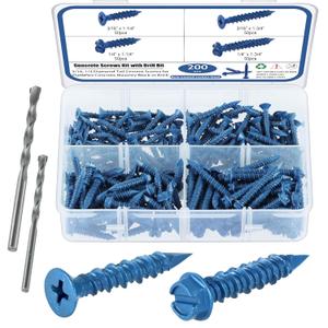 SATANTECH Concrete Screws with Drill Bit, 200Pcs Concrete Screw 1/4 3/16 Assortment Kit, Flat & Hex Head Masonry Block Brick Cement Screws and Anchors, No Pre Drilling, Diamond Point