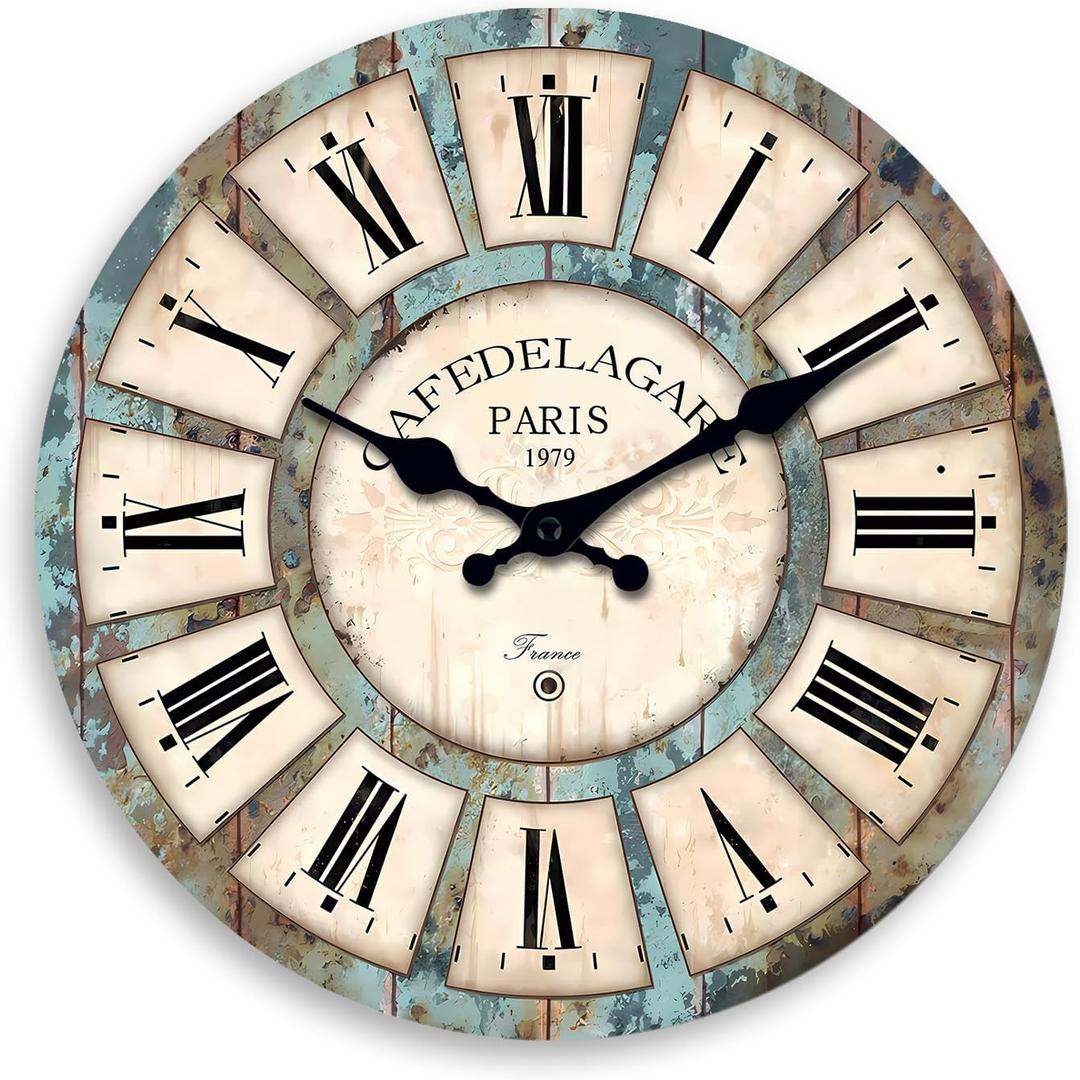 Wood Decorative Wall Clocks for Living Room 24 Inch Big Clock Battery Operated Blue Rustic Wall Clock Silent Non Ticking(No Solid Wood, It is with MDF Material)