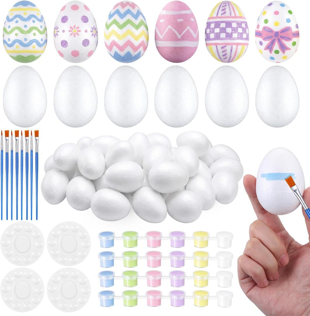 Thenshop 40 Pcs Easter Eggs DIY Kit for Painting Decorating with 24 White Pastel Foam Eggs, 4 Strips of Paint, 4 Paint Palette, 8 Brush for Basket Decorations Stuffers Spring Party