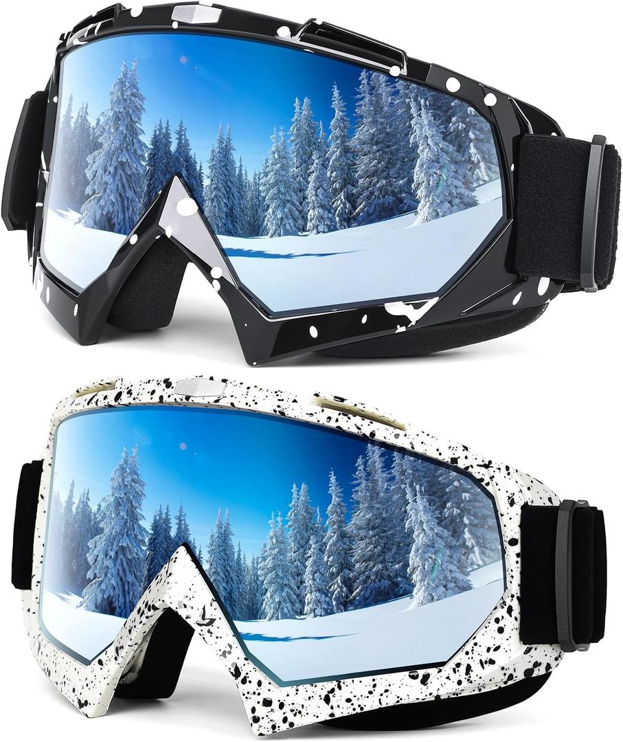 Braylin Adult Ski Goggles, 2-Pack Snowboard Goggles for Youth, Teens, Men & Women, Wide View Snowmobile Goggles (01.black Frame/Multicolor Lens+perlite White Frame/Multicolor Lens)