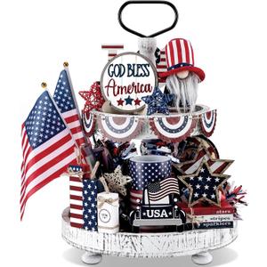 16 Pcs 4th of July Tiered Tray Decoration Rustic Patriotic Red White Blue Table Signs 250th Independence Day Wooden Tiered Tray Decor American Flag Vintage Gnome Centerpiece for Home Party Kitchen