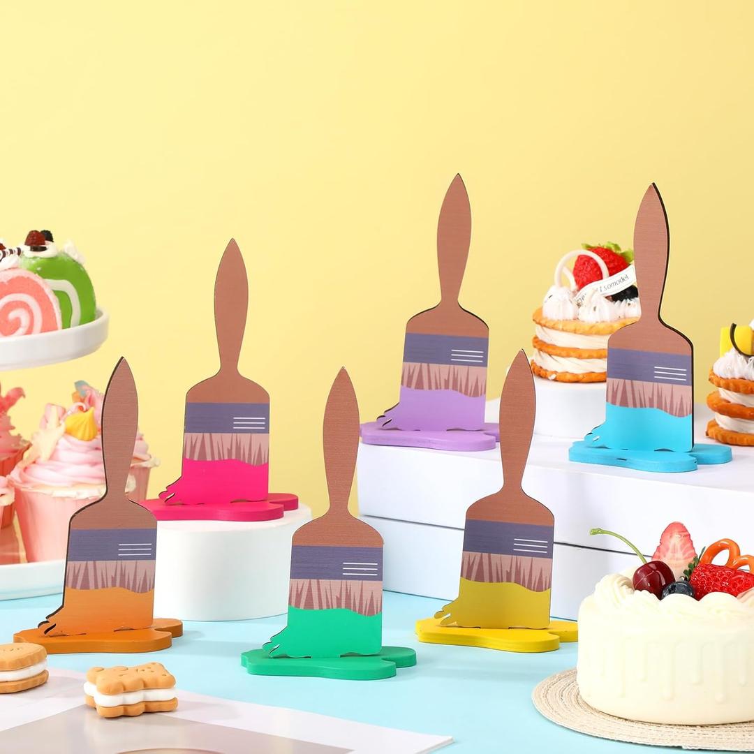 Chunful 6 Pieces Wooden Paint Brush Centerpieces Graduation Table Sign Back to School Art Paint Party Decorations for Painting Splatter Party Decorations Baby Bridal Shower Birthday Supplies
