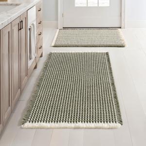 MIULEE Set of 2 Waffle Bathroom Rugs, Boho Bath Rugs Non Slip Washable, Super Absorbent Bath Mats, Ultra Soft Rubber Backed Shower Mats for Bathroom Floor, Tub, Green & Cream, 17"x24"+18"x30"