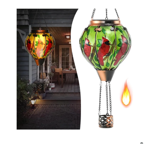 Hot Air Balloon Solar Lantern - Cardinal Bird Glass Lantern, Simulated Flickering & Dancing Flame, Outdoor Hanging Yard Light Waterproof IP65 for Patio Lawn Porch Decor Gift
