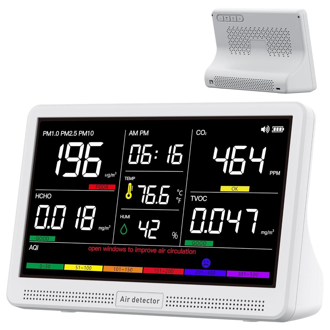 bonoch 16 in 1 Air Quality Monitor Indoor 7" Display 9 AQI+7 AQI Alerts, CO2 Monitor Air Quality Tester for CO2, TVOC, PM2.5 PM1.0 PM10, HCHO Temperature Humidity AQI & Time Air Quality Meter for Home (White)