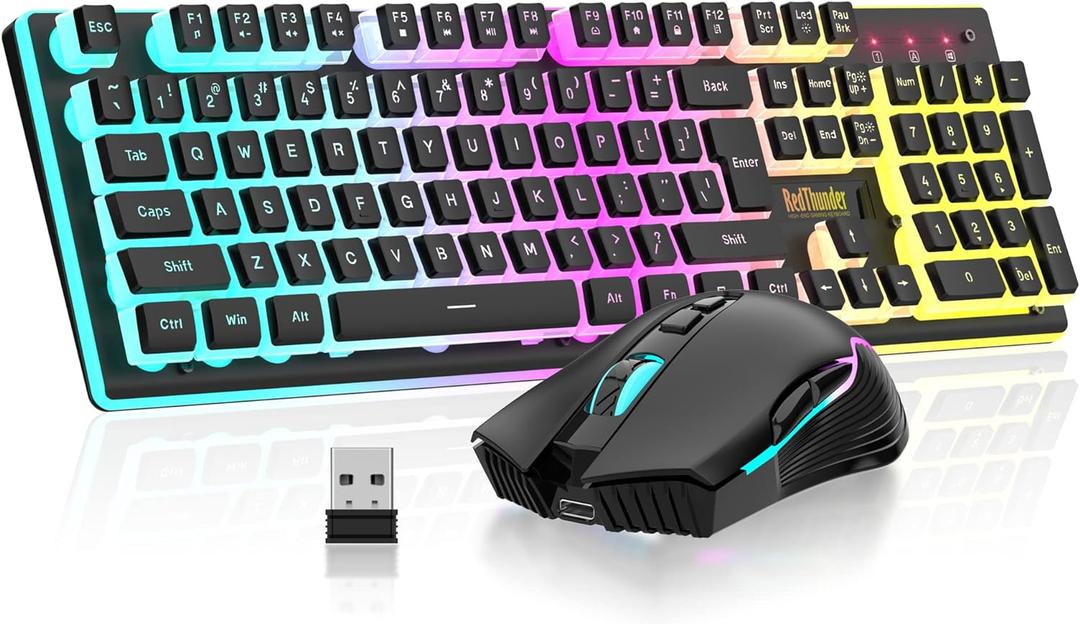 RedThunder K10 Wireless Gaming Keyboard and Mouse Combo, RGB Backlit Rechargeable 3800mAh Battery, Mechanical Feel Anti-ghosting Keyboard with Pudding Keycaps + 7D 3200DPI Mice for PC Gamer (Black) (Black Pudding)
