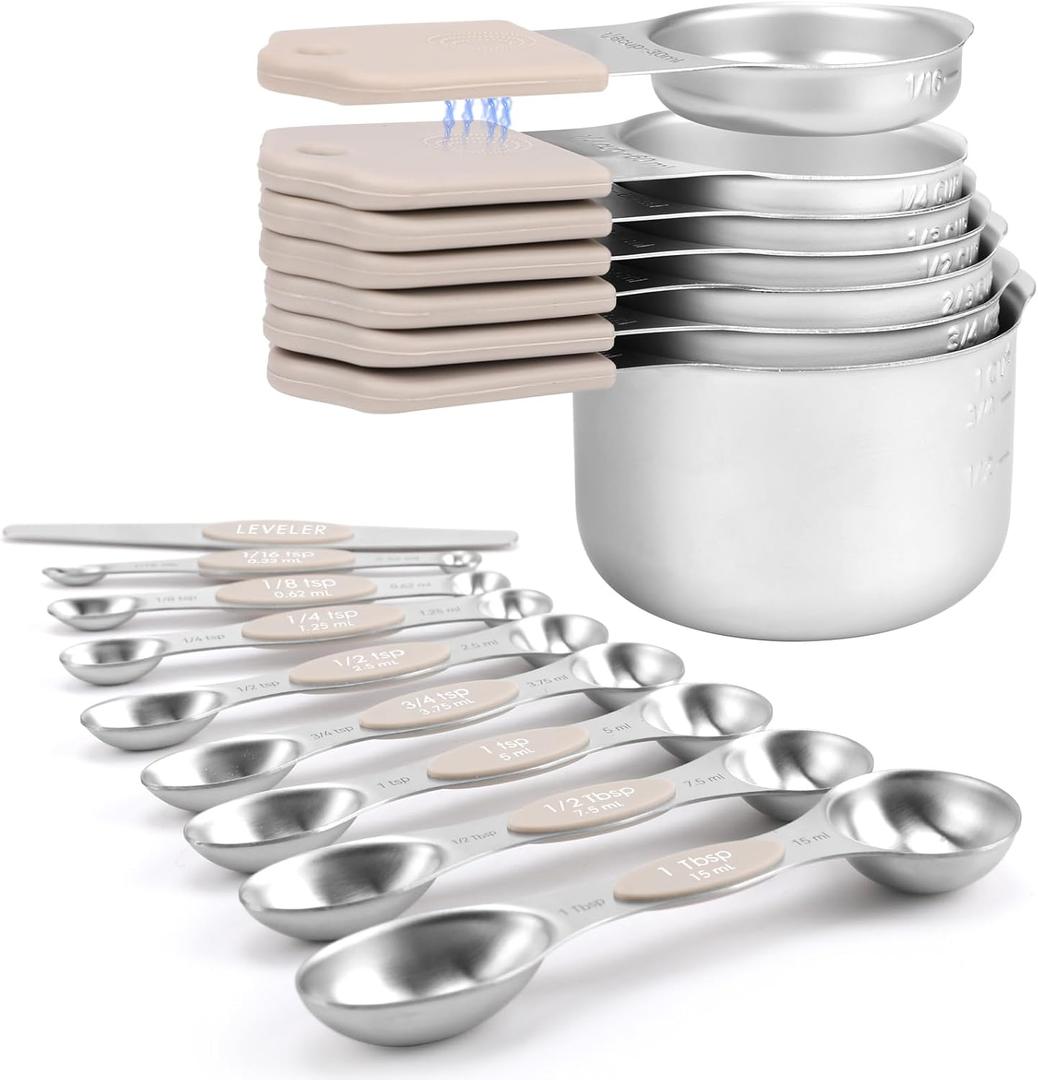 Koujip Magnetic Measuring Cups and Spoons Set-Heavy Duty 304 Stainless SteelDouble Measurement MarkingsSet of 16 with Leveler for Measure Dry and Liquid Ingredients (Khaki)