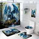4 Pcs Dragon Forest Shower Curtain Set with Rugs,Toilet Lid Cover, Bath Mat, Fantasy Theme Magic Animal Bathroom Shower Curtain with 12 Hooks Accessories Decorative (70.9"W x 70.9"L (Pack of 4))