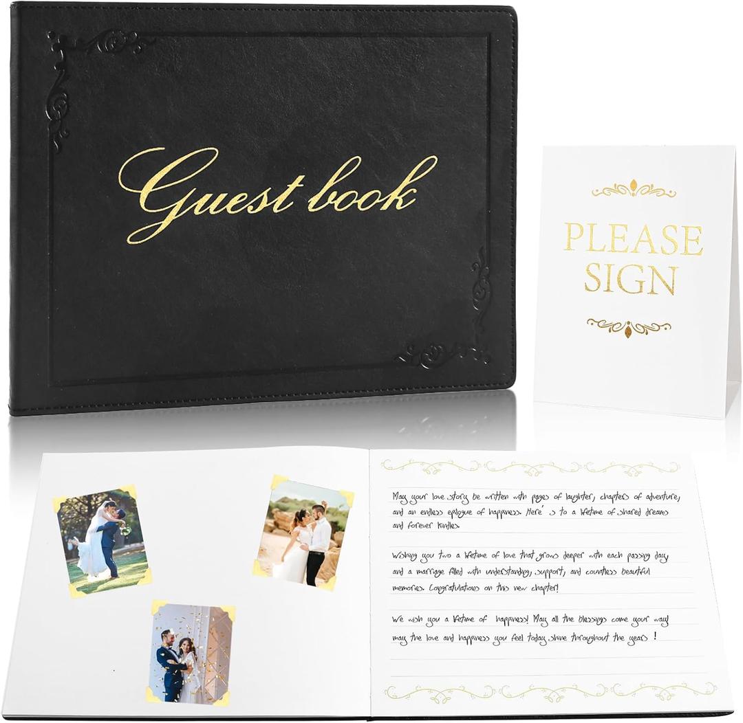 8x10 Inch Wedding Guest Book with 120 Blank & Lined Pages, PU Leather Gold Foiled Cover, Section Sewn Hardbound, Black