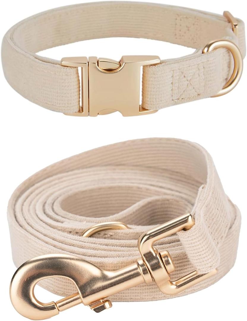 Soft Corduroy Dog Collar and Leash Set Adjustable Durable Wedding Dog Collars with Metal Buckle and Lead for Small Dogs,Beige
