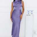 Memoriesea Women's Sexy Sleeveless Cowl Neck Flowy A Line Party Cocktail Midi Dress (Purple, M)