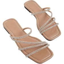 FITORY Women's Slide Sandals Flat Toe Ring Thongs with Cross Strap for Summer Size (7, Camel)