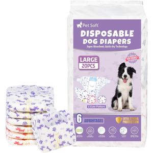 Pet Soft Female Dog Diapers - Disposable Doggie Diapers with Wetness Indicator, Puppy & Cat Diaper Super Absorbent, Fit for Female Dog in Heat or Incontinence, 20pcs (L, Mixed)