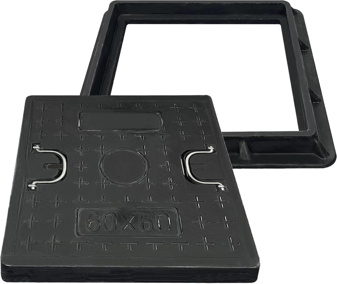 24x24 Inch Square Manhole Cover and Frame, Solid Septic Tank Cover, Recessed Non-Slip Design with Handle, Suitable for Sewer, Septic Tank and Yard (Black)