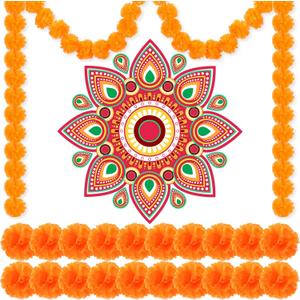 23 Pcs Diwali Decoration for Home Diwali Rangoli Stickers for Floor 2 Pcs 5 Ft Marigold Garland with 20 Pcs Marigold Flowers for Indian Gifts Wedding (Lively)