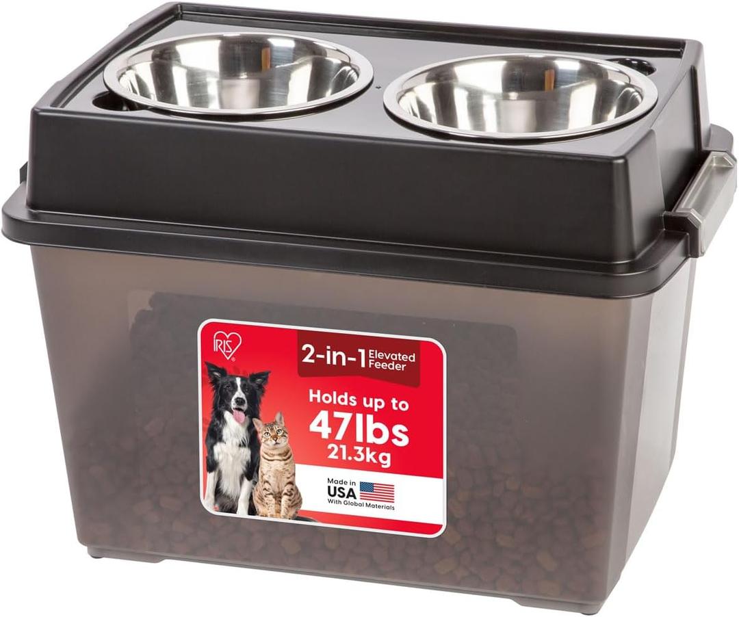 IRIS USA Elevated Dog Bowls, 15"H Raised Bowl for Large Dogs, Airtight Pet Food Storage Holds Up To 47 Lbs, 2 Removable 64 oz Stainless Steel Bowls, At Home or Camping, Smoke/Black