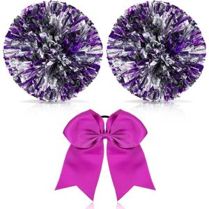 Hanaive 3 Pcs Cheerleading Pom Poms and Large Cheerleader Hair Bow Metallic Cheer Supplies for Team Spirit Sports Dance Cheering (Purple Mixed Silver)