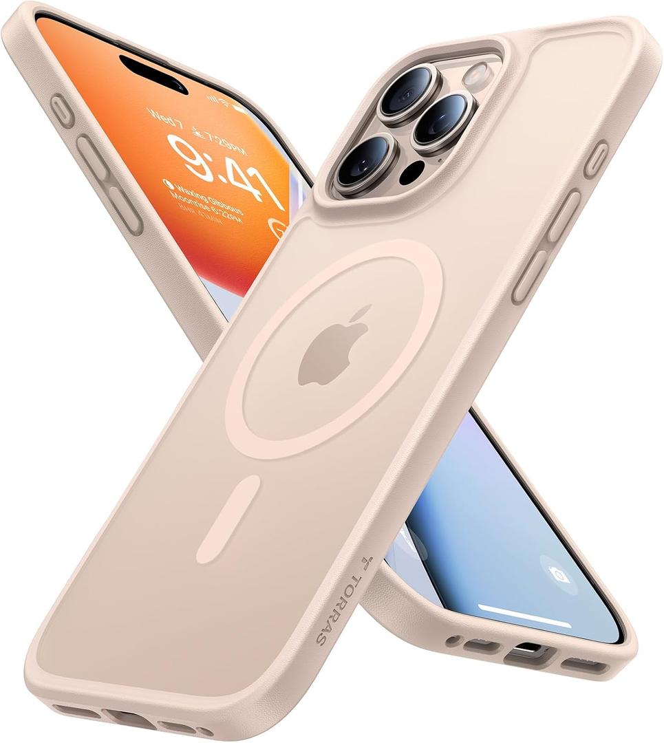 TORRAS Stronger Magnetic & Shockproof for iPhone 16 Pro Case, Military Grade Drop Protection, Compatible with MagSafe, Case for iPhone 16 Pro Slim, Translucent Matte White Back/Desert Titanium Edge (Desert Titanium White)