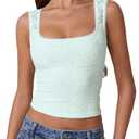 QINSEN Lace Top for Womens Square Neck Slimming Fit Lace Trim Cami Tops Camisole Airy Blue L