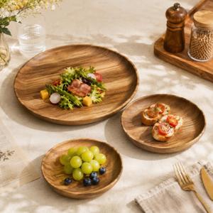 MinBoo Wooden Acacia Plates set of 3, 9-6Inch Wood Acacia Serving Trays, Farmhouse Kitchen Plates, Reusable Wooden Dishware for Dining, Appetizers, Snacks, Parties (oval)