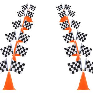 6 Pack 7inch Orange Race Cones with Holes on Top, 12 Pack Checkered Flags, Racing Car Birthday Party Decorations, Two Fast Centerpieces, Race Cars Themed Party Supplies