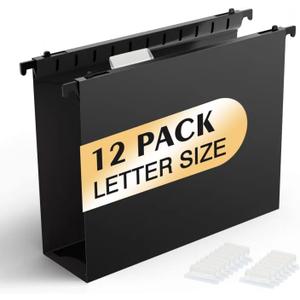 Shutex Extra Capacity Plastic Hanging File Folders,12 Pack Reinforced Hang Folders,Heavy Duty 2 Inch Expansion,Plastic Filing Cabinet Folders,Letter Size,Designed for Bulk Files, Medical Charts,Black