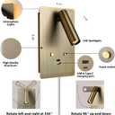 ZEROUNO Wall Mounted Reading Light Set of 2,Dimmable Adjustable Headboard Plug in Wall Sconce with USB A+C Ports,Touch Control Wall Light for Bedroom Bedside Lamps