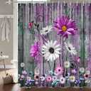 Rustic Farmhouse Floral Shower Curtain Rustic Farmhouse Daisy Shower Curtains Rustic Wooden Bath Curtain Set with 12PCS Hooks, 70X70 Inch, Pink