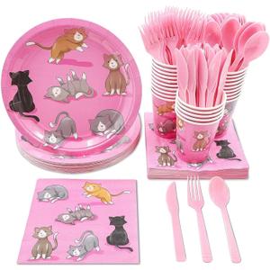 Sustainable Greetings Cat Birthday Party Supplies, Paper Plates, Napkins, Cups and Plastic Cutlery (Serves 24, 144 Pieces) - Cat Birthday Decorations - Kitten Party Decorations