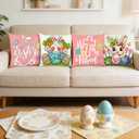 Easter Pillow Covers 18x18 Set of 4, Bunny Eggs Hello Peeps Bunny Hip HopTruck Throw Pillows Cases - Farmhouse Spring Decor Throw Pillow Cases for Sofa Couch Home Easter Decorations