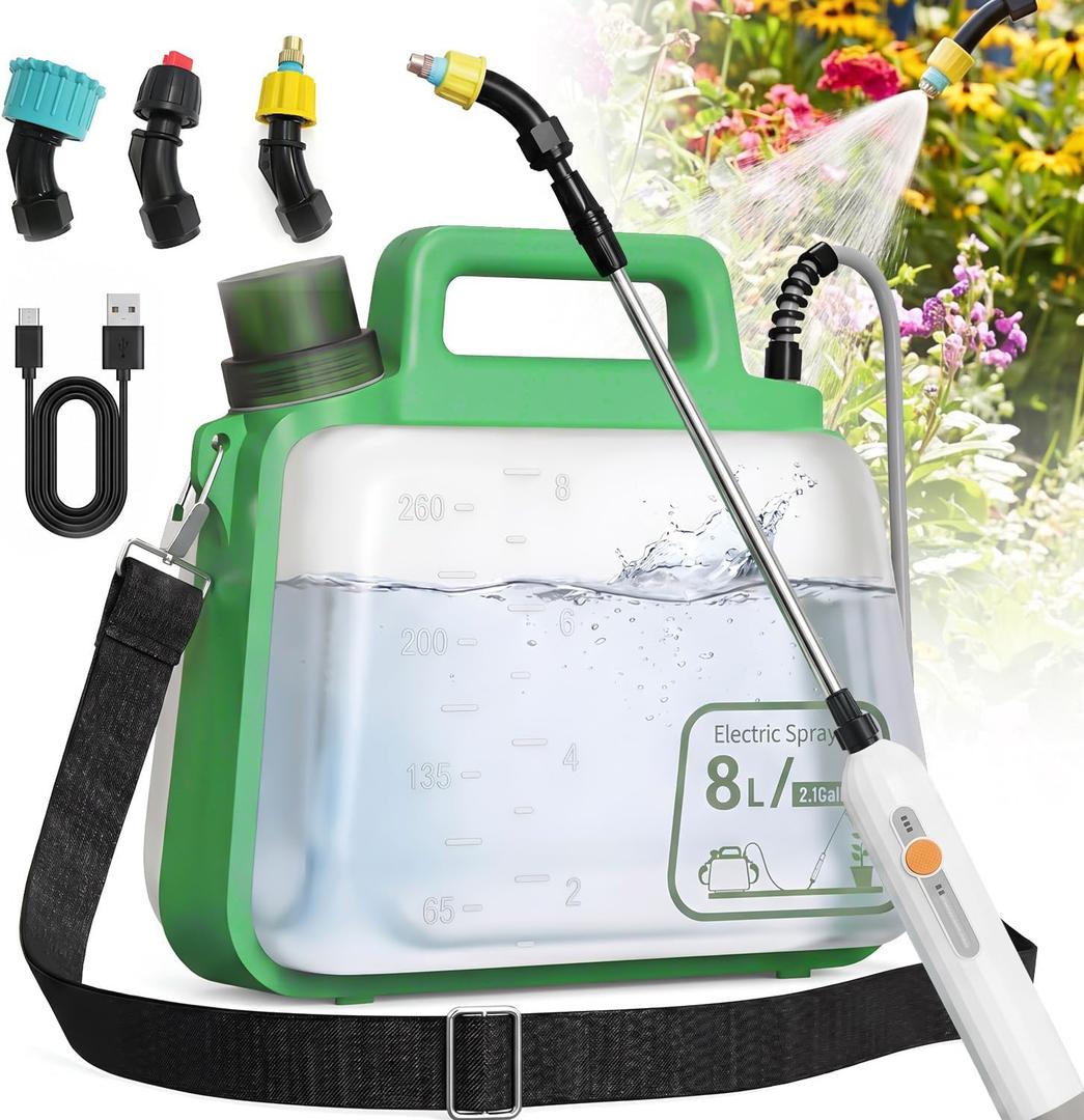 2 Gallon Electric Garden Sprayer, Upgrade Battery Powered Weed Sprayer with 3 Mist Nozzles & 5 Spray Modes, IP67 Rechargeable Handle, Retractable Wand, Sprayer with Shoulder Strap for Yard, Lawn Care