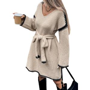 Womens Color Block Sweater Dress with Belt, Rolled Hem, Long Sleeve, V Neck, Knee Length, A Line, Oversized Knit Dress Fall (Beige) L