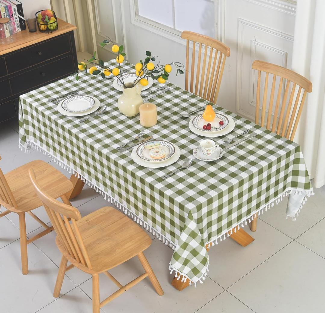 Tassel Water-Resistant Checkered Table Cloth 58x84 Inch - Farmhouse Rustic Fringe Gingham Tablecloth, Rectangle Buffalo Plaid Table Cover for Kitchen Picnics, Gardens and Parties