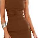 OWIN Women's Sexy Summer Casual Mock Neck Dresses Sleeveless Ruched Bodycon Cocktail Party Mini Dress (Brown, Small)