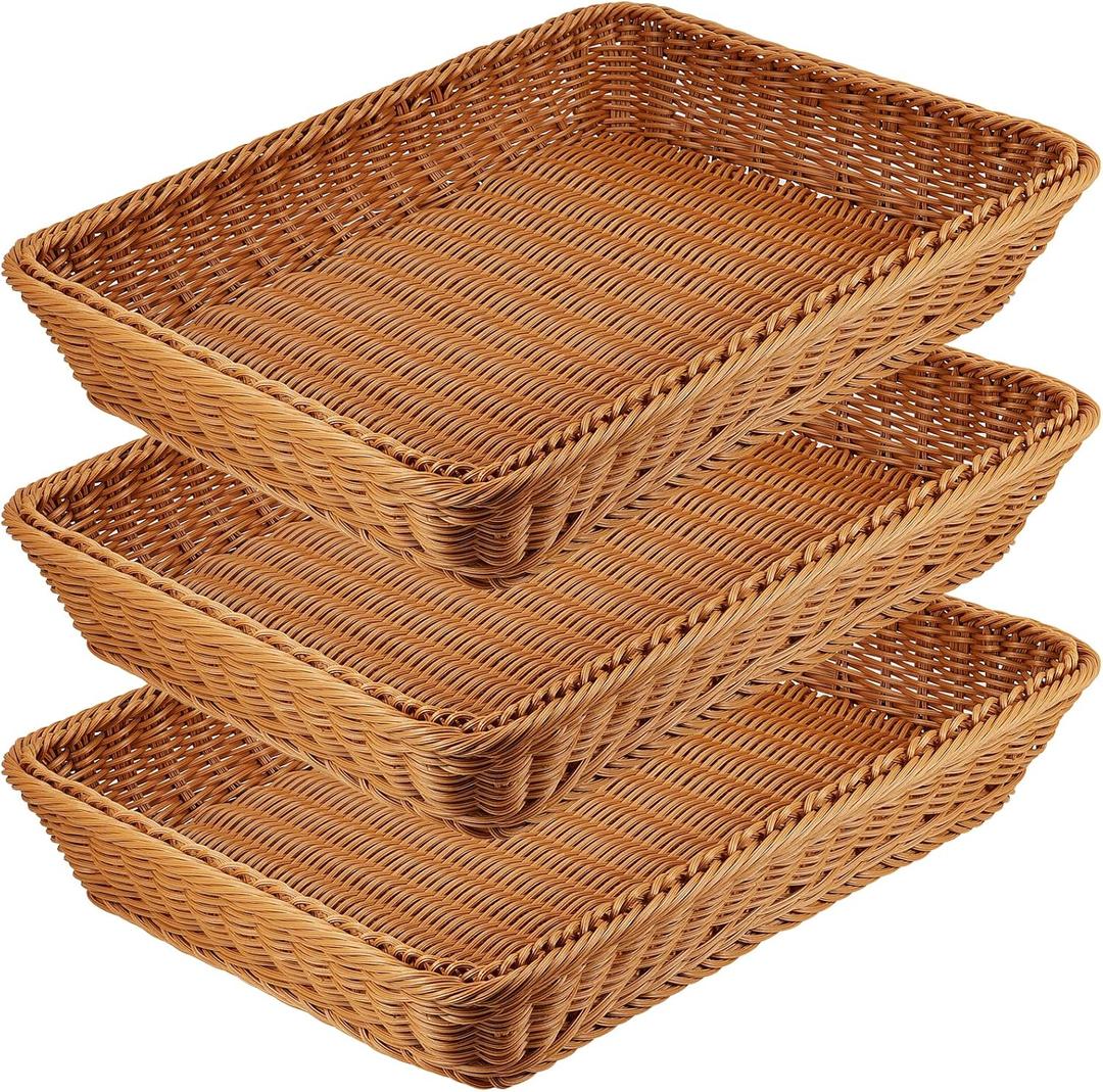 MANCHAP 3 PCS 16 Inch Poly Wicker Bread Baskets, Handmade Rattan Woven Pantry Organizer, Tabletop Food Serving Baskets Rectangle Storage Basket for Home, Restaurant, Hotel, Brown