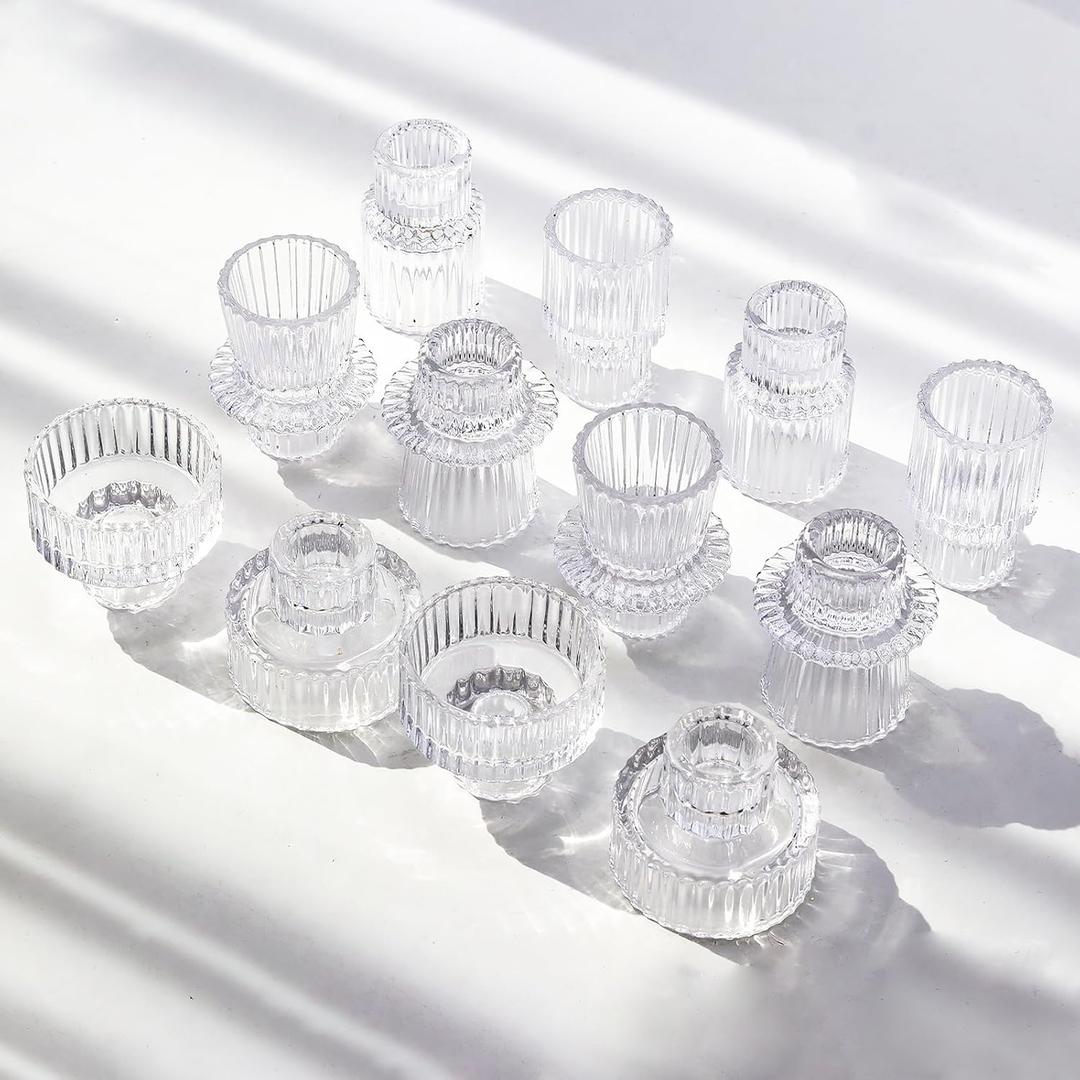 Clear Candlestick Holders 12PCS Ribbed Glass Taper Candle Holders for Tealight Stick Candles Table Centerpieces Thanksgiving Christmas Indoor and Outdoor Decorations