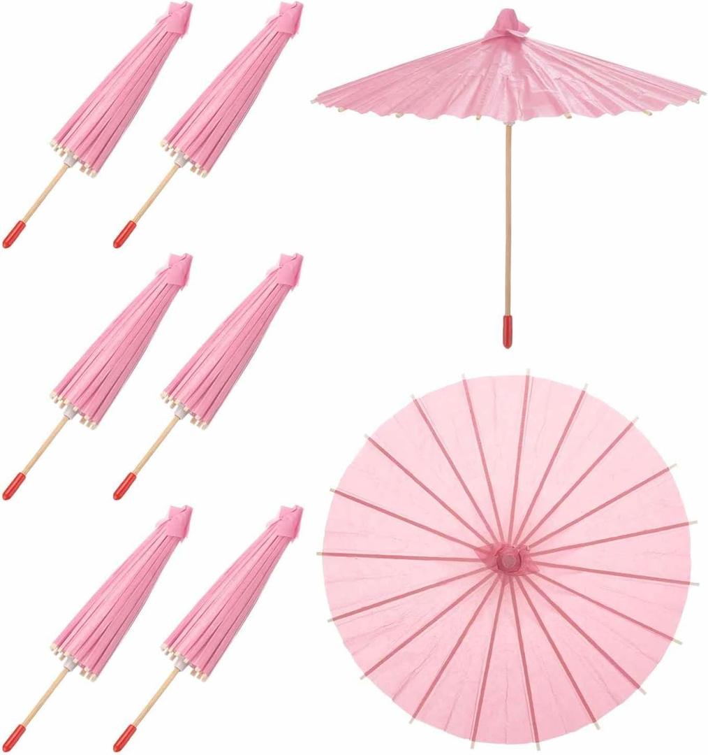 MECCANIXITY 6 Pcs Paper Umbrellas, 8" DIY Oiled Paper Painting Umbrellas for Photography Props Craft Party Wedding Decoration, Pink